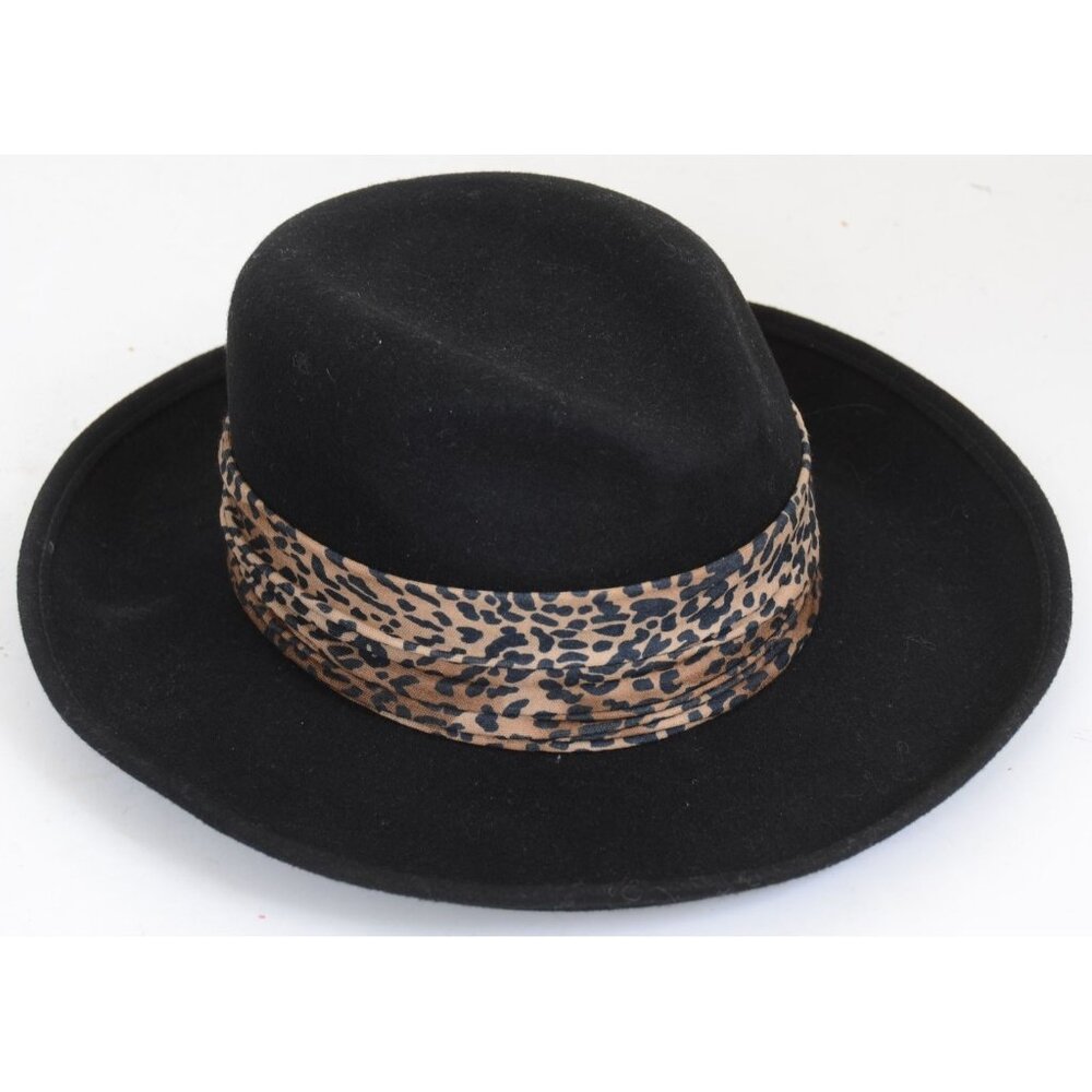 VTG Importina Panama Fedora Wide Brim Leopard Black Faux Suede Band Hat NEW